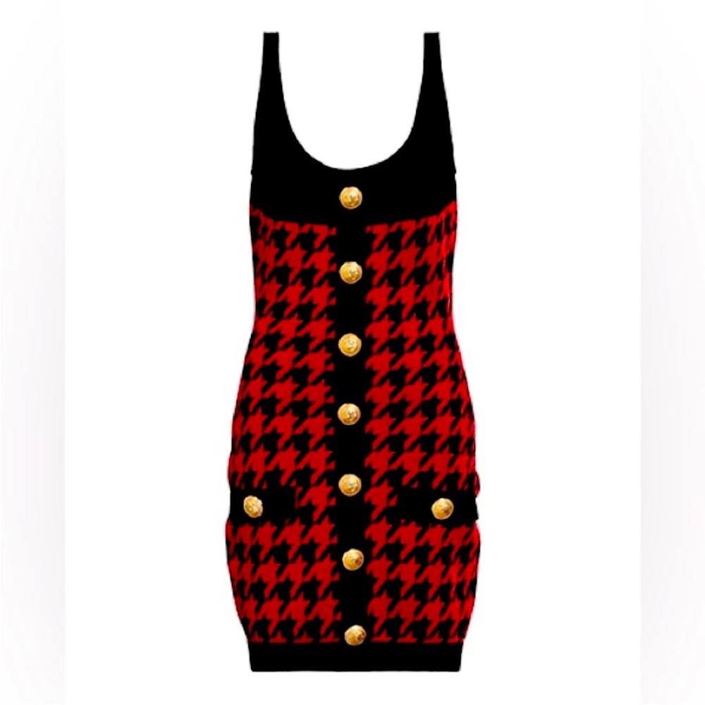 BALMAIN Paris red houndstooth mini dress size SMALL (36)